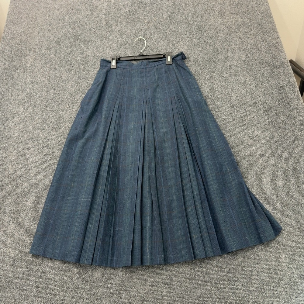 Vintage Skirt Womens 10 Blue Plaid Pleated Midi Academia Preppy Style